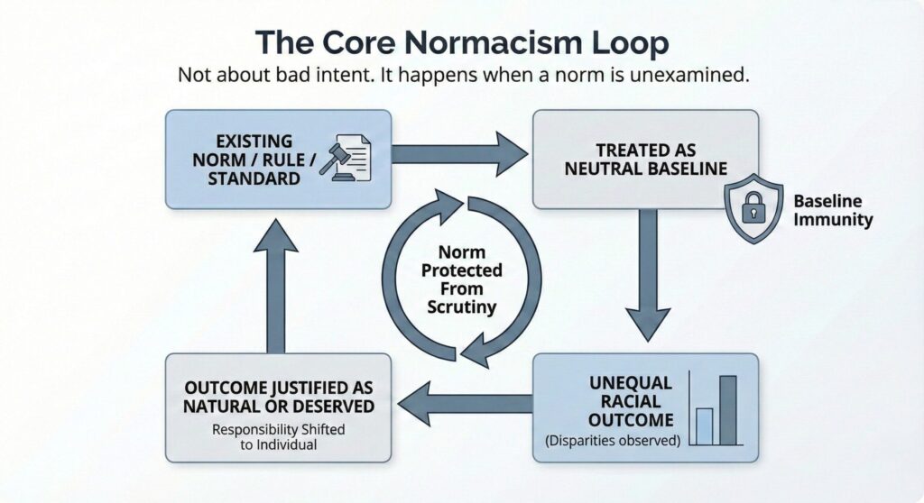 Diagram illustrating the Normacism Framework Loop: an existing norm, rule, or standard is treated as a neutral baseline and protected from scrutiny, leading to unequal racial outcomes; those outcomes are then justified as natural or deserved with responsibility shifted to individuals, reinforcing the original norm.
